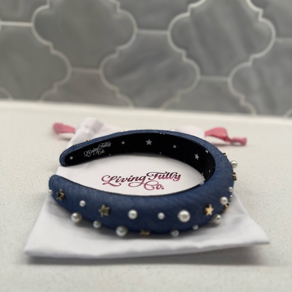 Denim Headband with Pearls and Studs - Picture 2 of 3